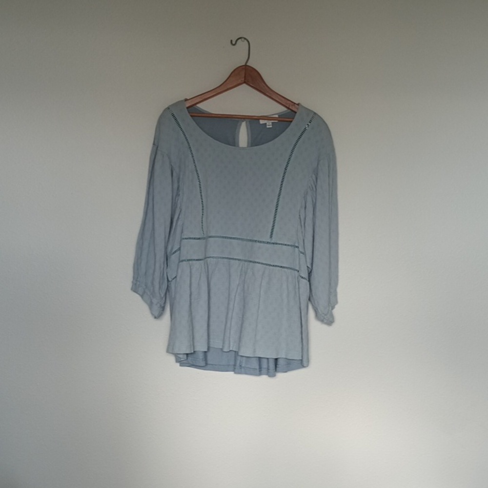Umgee Bohemian Soft Teal Blouse Pull Over Peasant Cottage Core Flowy Size Large